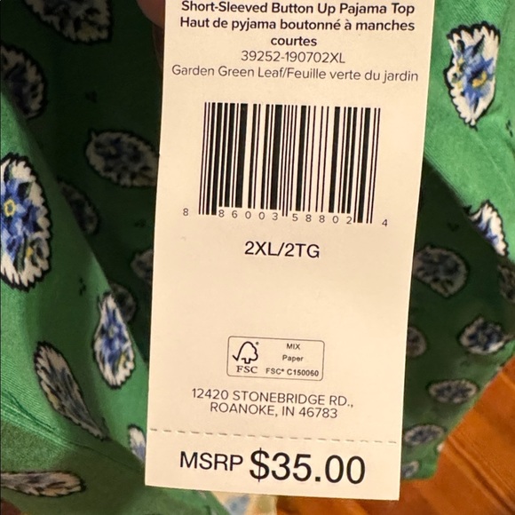 VERA BRADLEY Cotton Pajama Button Up Top Garden Green Leaf NEW - Picture 4 of 5